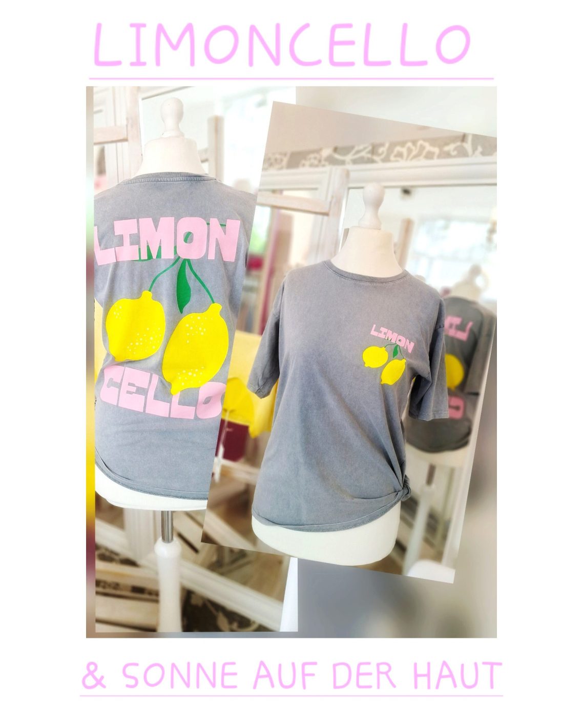 Grauem T-Shirt mit buntem Limoncello-Design und Zitronenmotiven.