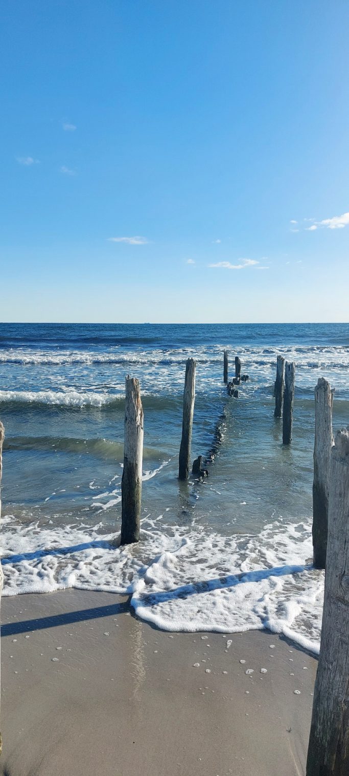 Blick auf das Meer mit Wellen und hölzernen Pfählen im Wasser.