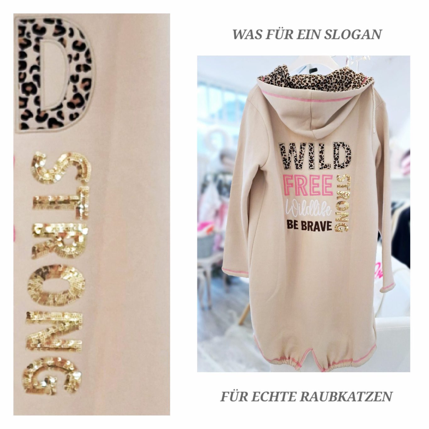 Beige Pullover mit glitzerndem "Strong"-Schriftzug und "Wild & Free"-Slogan.