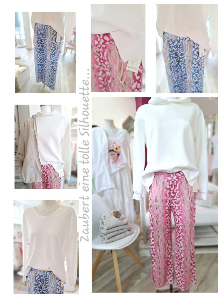 Bequeme Damenmode mit gemusterten Hosen und lässigem Oberteil in hellen Farben.
