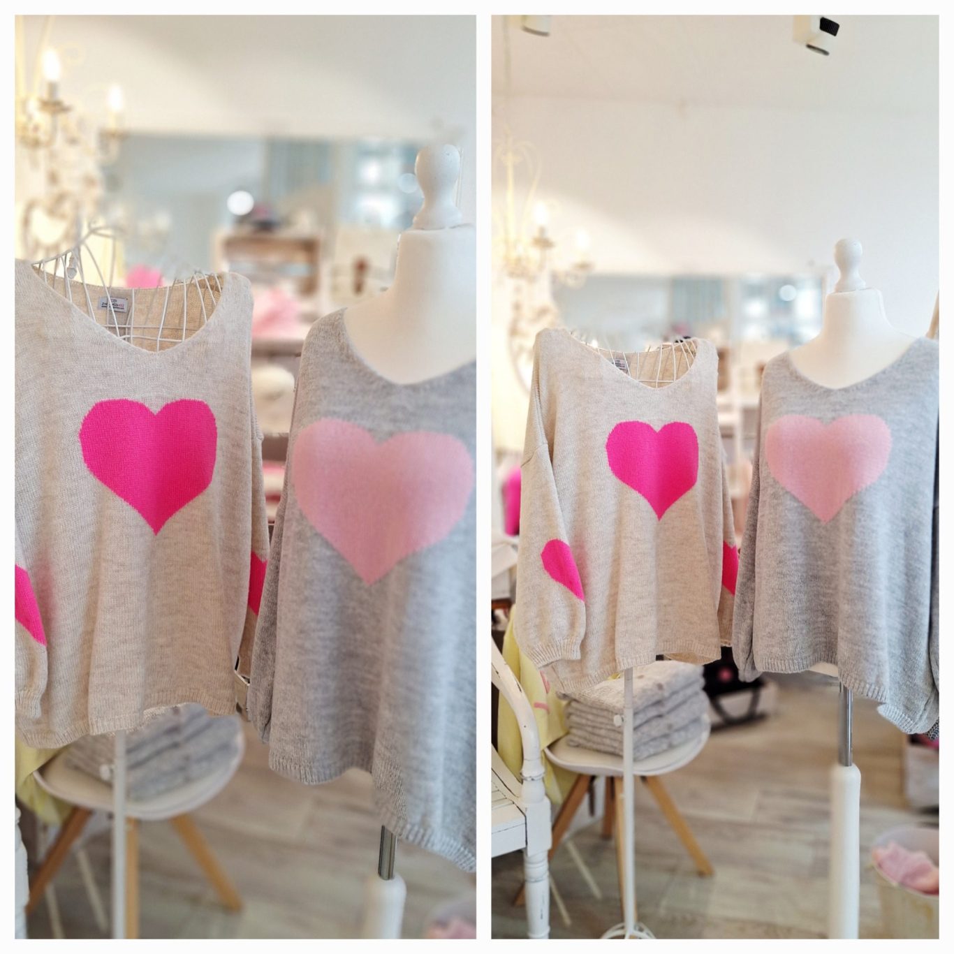 Cooler Zwillingsherz Pulli - leichter Strick mit Herzmotiv in den Farben Sand und Pink mit rosafarbenen oder pinken Herz