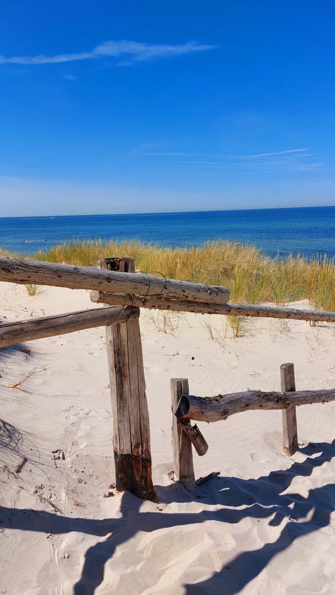 Holzgeländer am Sandstrand, im Hintergrund Wellen und grünes Gras unter blauem Himmel.