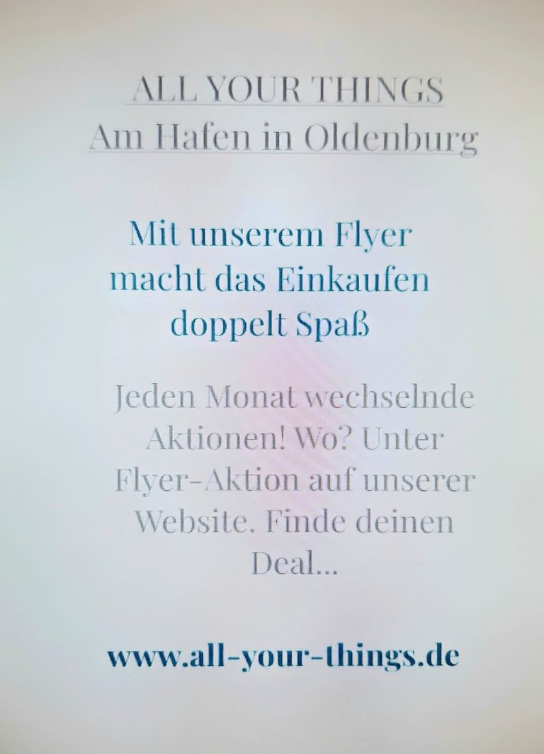 Flyer für Einkaufsmöglichkeiten am Hafen in Oldenburg mit Angeboten und Aktionen.