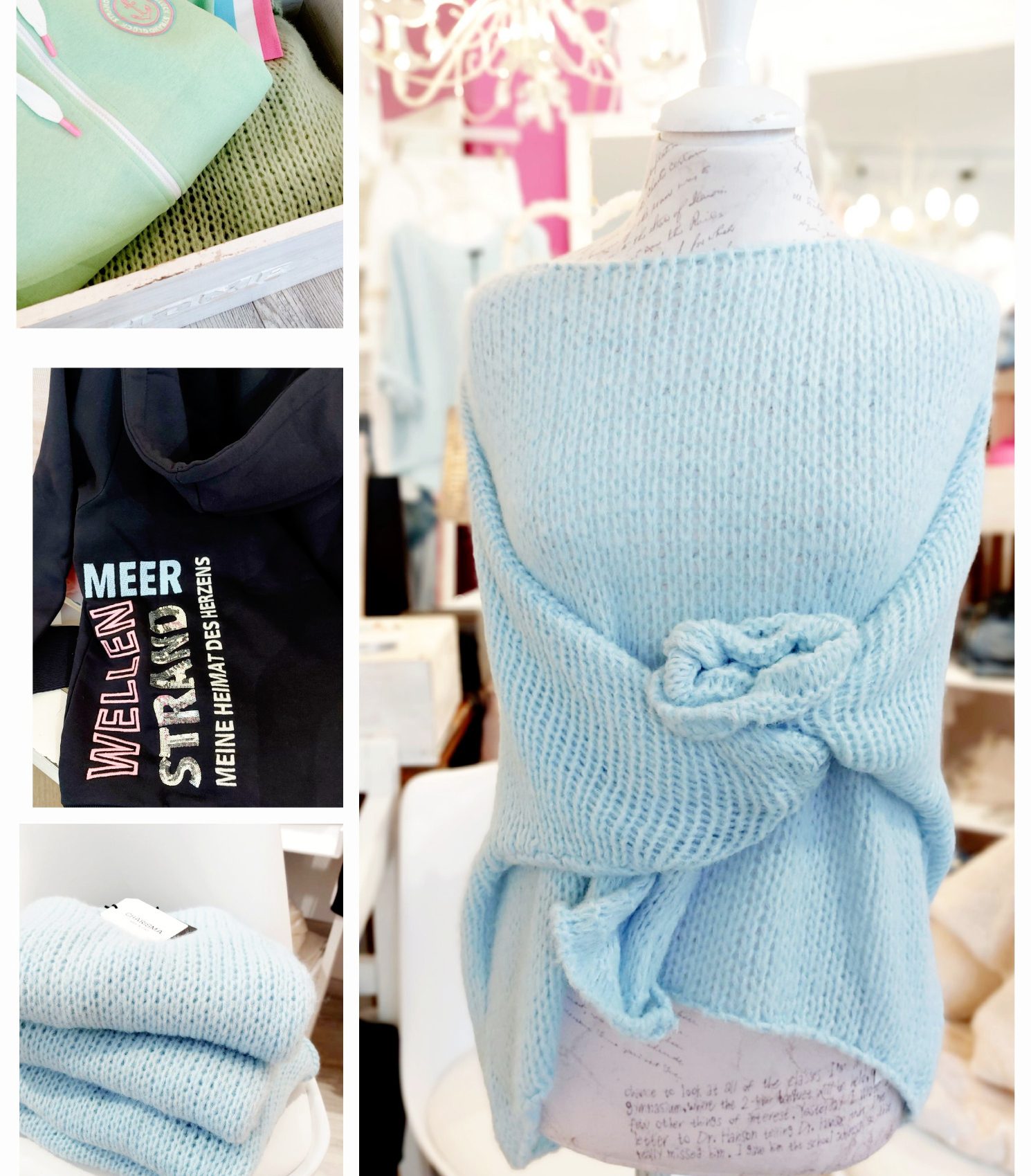 Hellblaues Damen Oberteil mit Knoten auf einem Ausstellungsdummy, umgeben von verschiedenen Textilien.