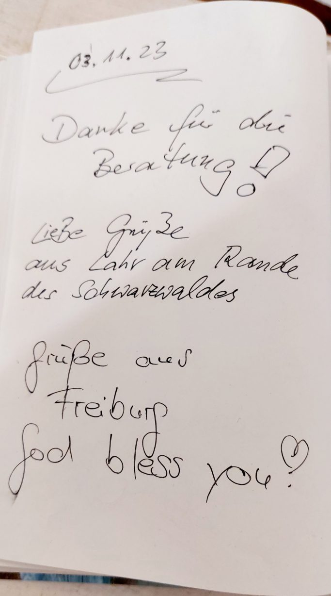 Dankesnachricht mit guten Wünschen für Freiburg und Gottes Segen.