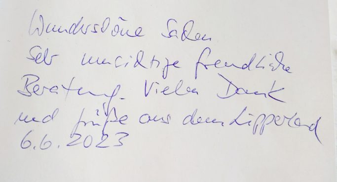 Handschriftliche Notiz zur freundlichen Beratung, Datum: 6.6.2023.