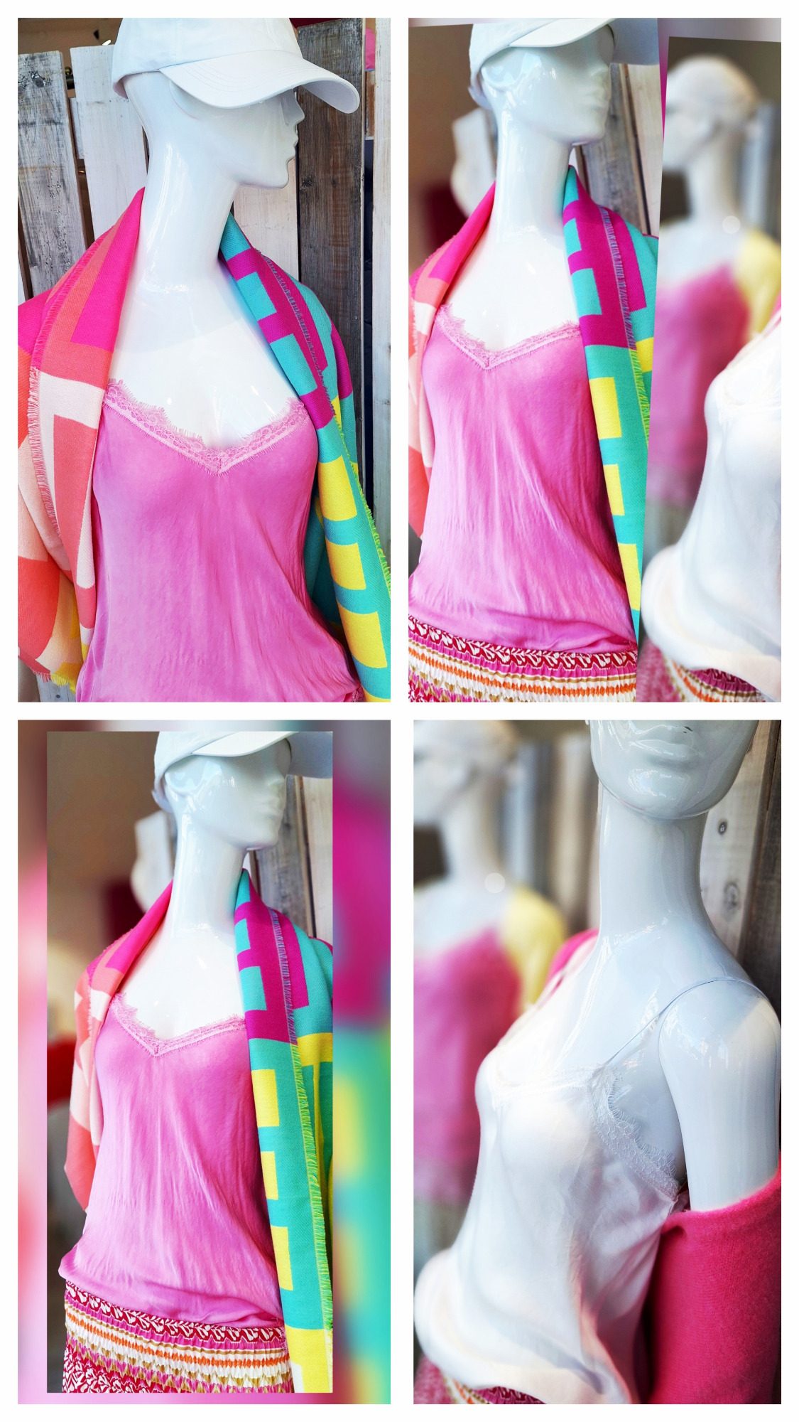 Summer in the City - Damenmode und coole Looks in Oldenburg entdecken - hier in deiner Boutique Pinkes und Weißes Spitzentop mit gemusterter, bunter Sommerhose - Flatterhose - mit Tuch im coolen Farbenmix - gelb, türkis, grün, pink