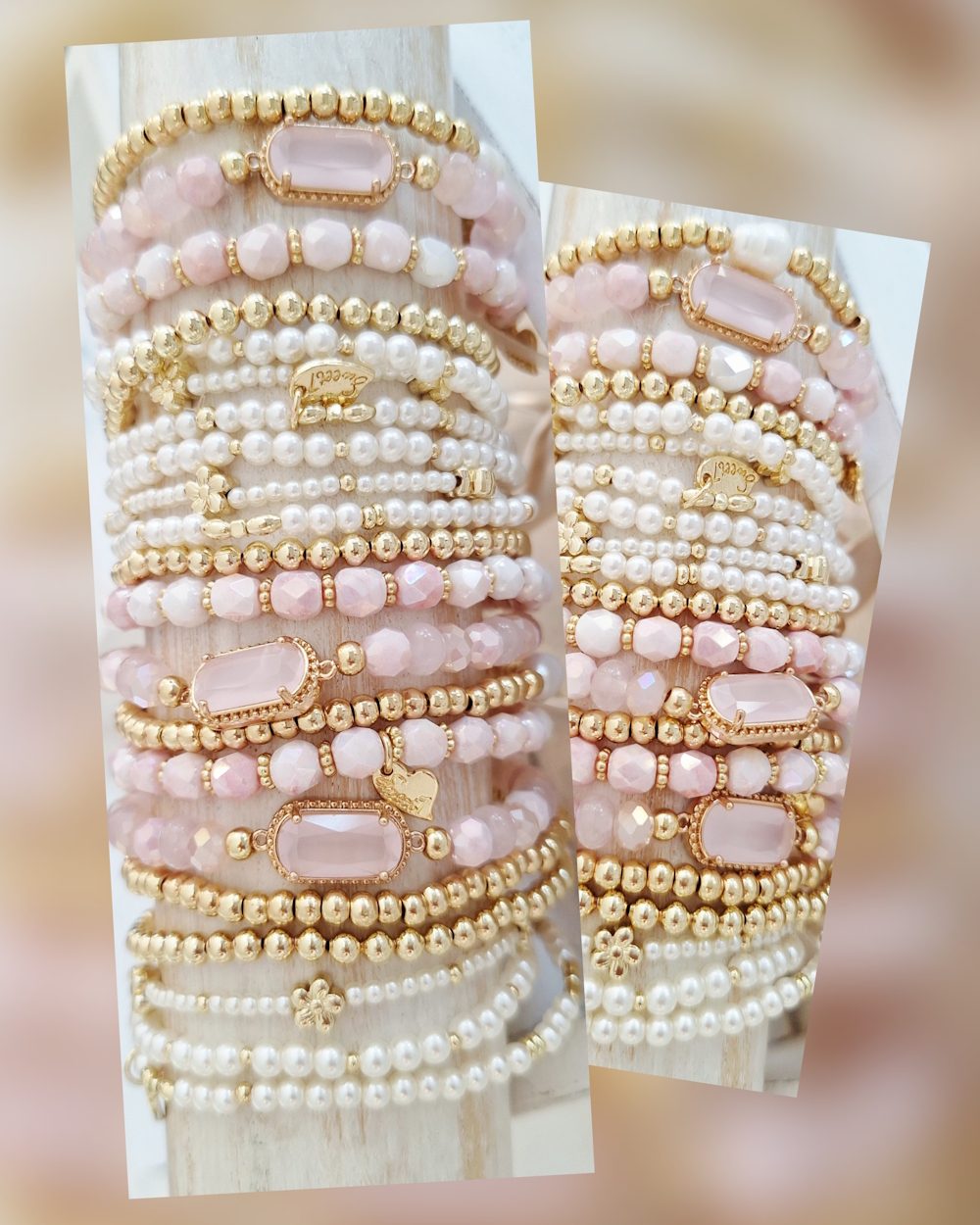 Armband-Kombination aus goldenen und rosafarbenen Perlen und Steinen.