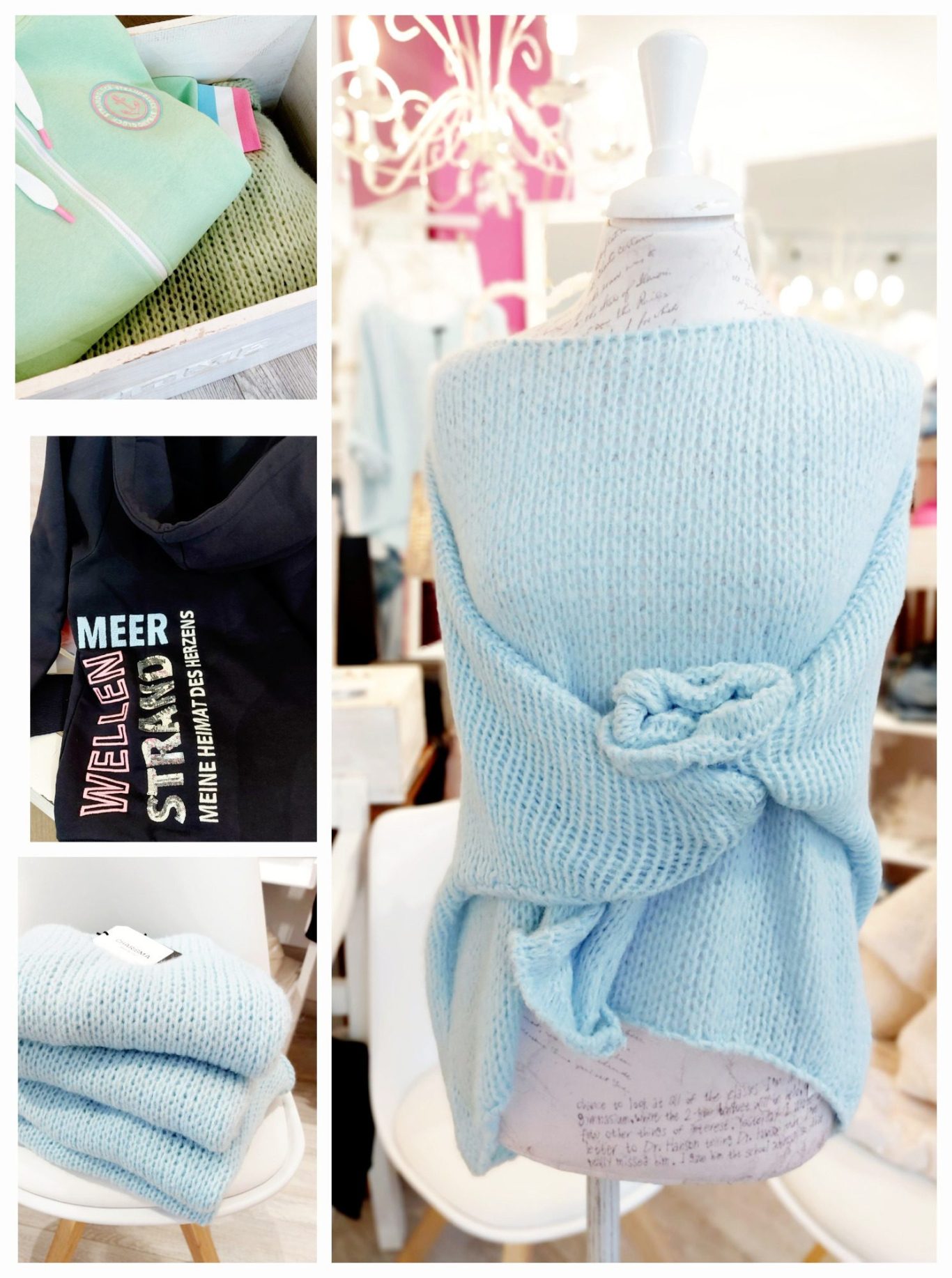 Hellblaue Pulli mit kreativem Knoten auf einem Model