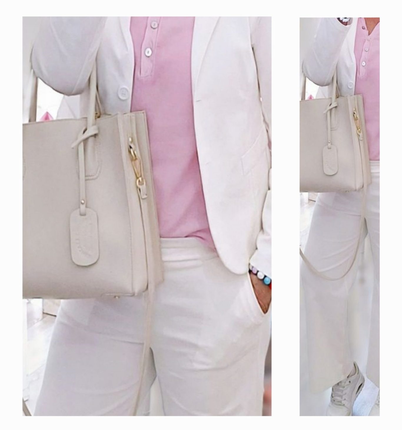 Person in einem weißen Anzug mit rosa Oberteil und beiger Tasche.