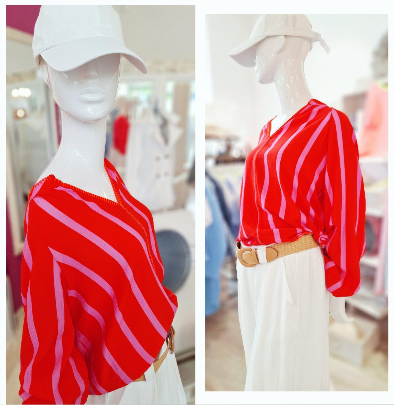 Modegeschäft Oldenburg | Damenmode Oldenburg Tunika rot pink gestreift, lässiger Schnitt, kombiniert mit weißer Flatter Hose und Kappe.