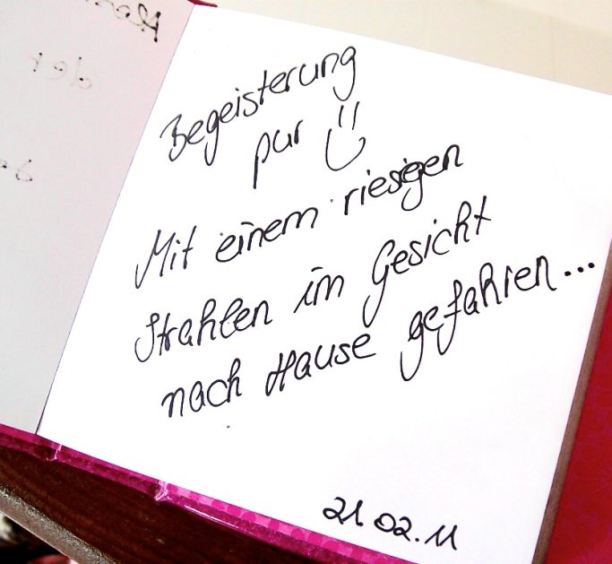 Ein offenes Notizbuch mit handgeschriebenem Text in blauer Tinte.