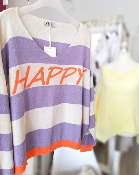 Gestreifter Pullover in Lila und Orange mit dem Aufdruck "HAPPY".